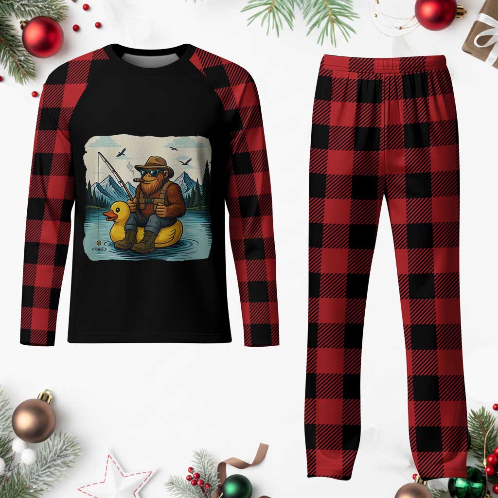 Funny Bigfoot Fishing Plaid Pajama Set Sasquatch Sitting Rubber Duckie Cruise - Wonder Print Shop