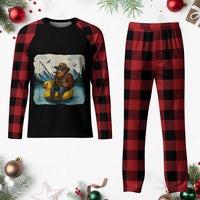 Funny Bigfoot Fishing Plaid Pajama Set Sasquatch Sitting Rubber Duckie Cruise - Wonder Print Shop