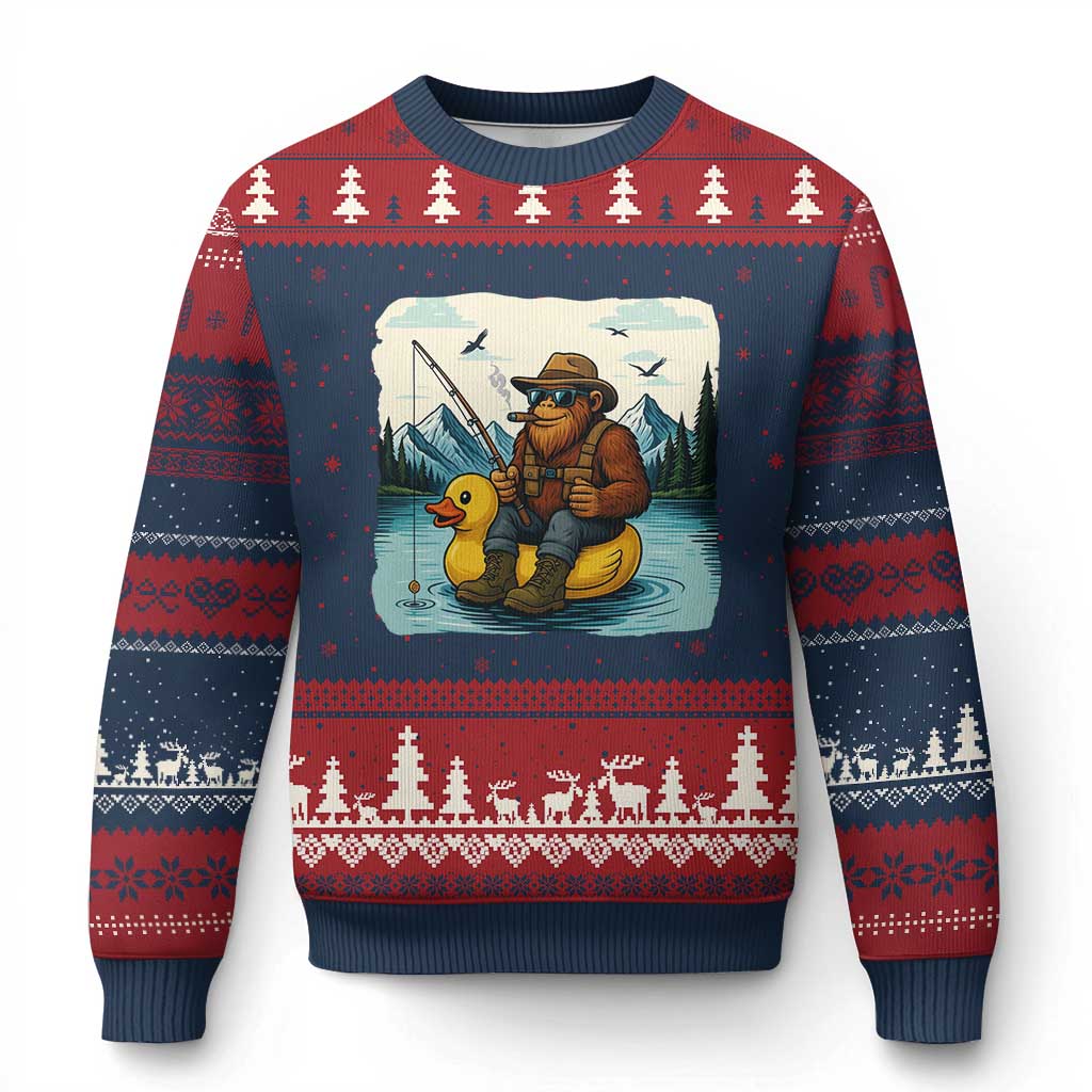 Funny Bigfoot Fishing Ugly Christmas Sweater Sasquatch Sitting Rubber Duckie Cruise - Wonder Print Shop