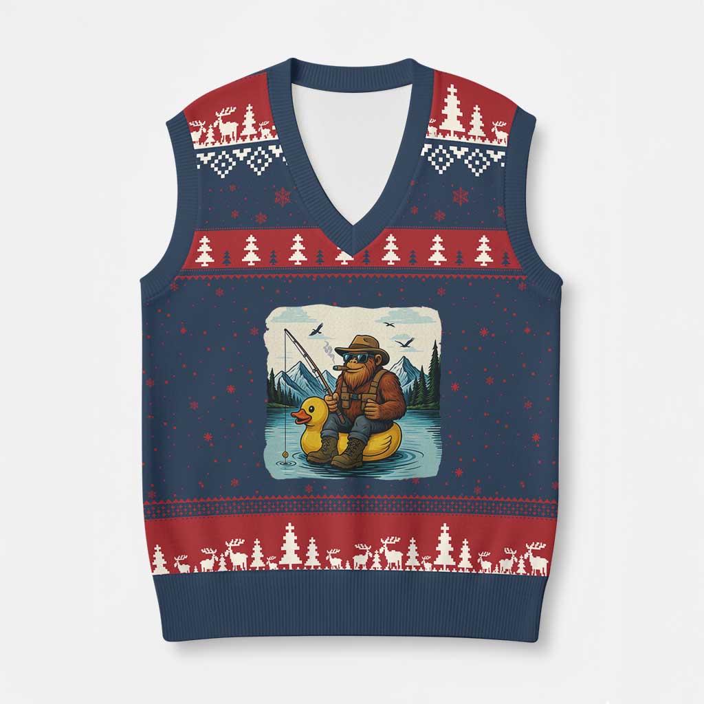 Funny Bigfoot Fishing V-Neck Knit Sweater Vest Sasquatch Sitting Rubber Duckie Cruise - Wonder Print Shop