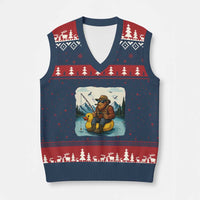 Funny Bigfoot Fishing V-Neck Knit Sweater Vest Sasquatch Sitting Rubber Duckie Cruise - Wonder Print Shop