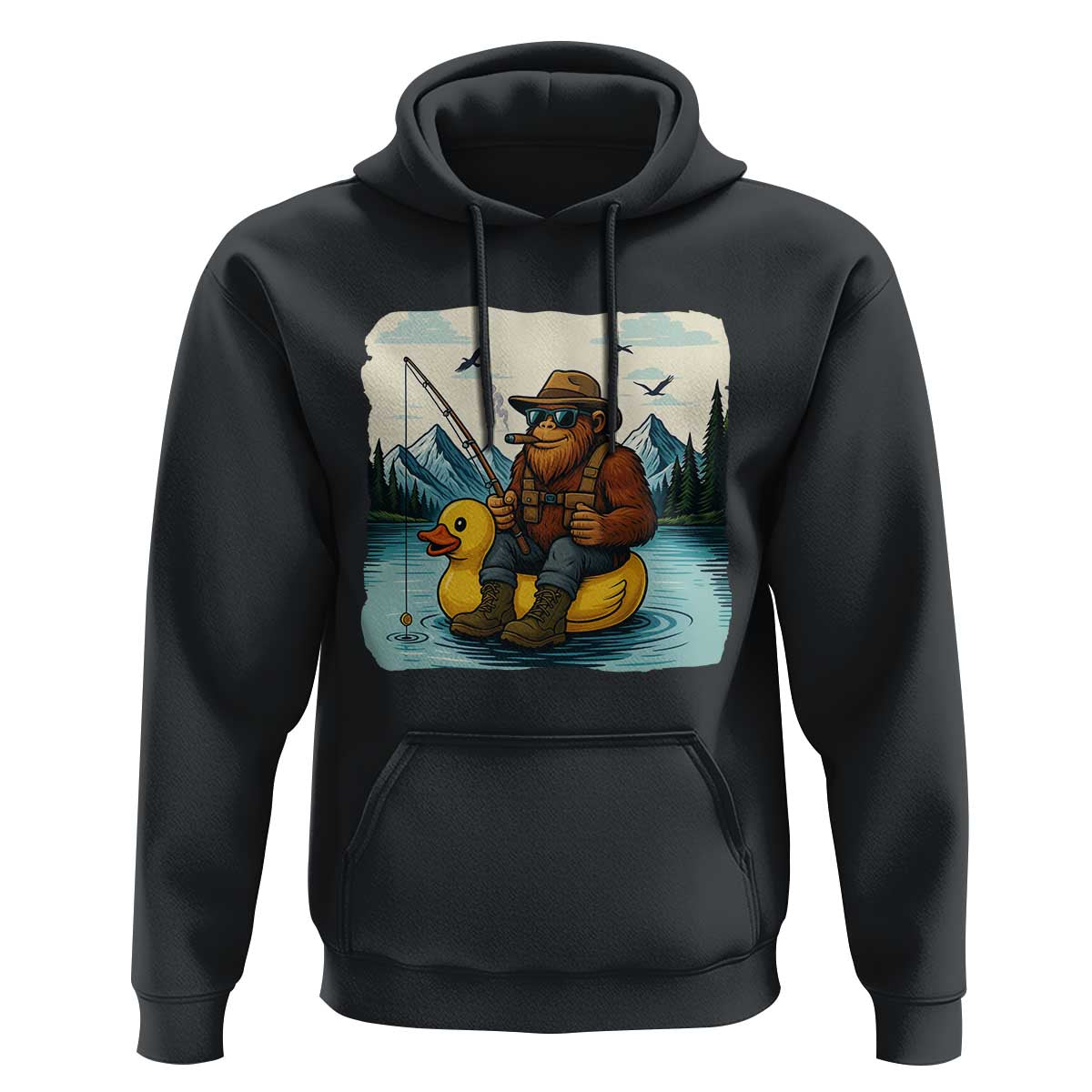 Funny Bigfoot Fishing Hoodie Sasquatch Sitting Rubber Duckie Cruise - Wonder Print Shop