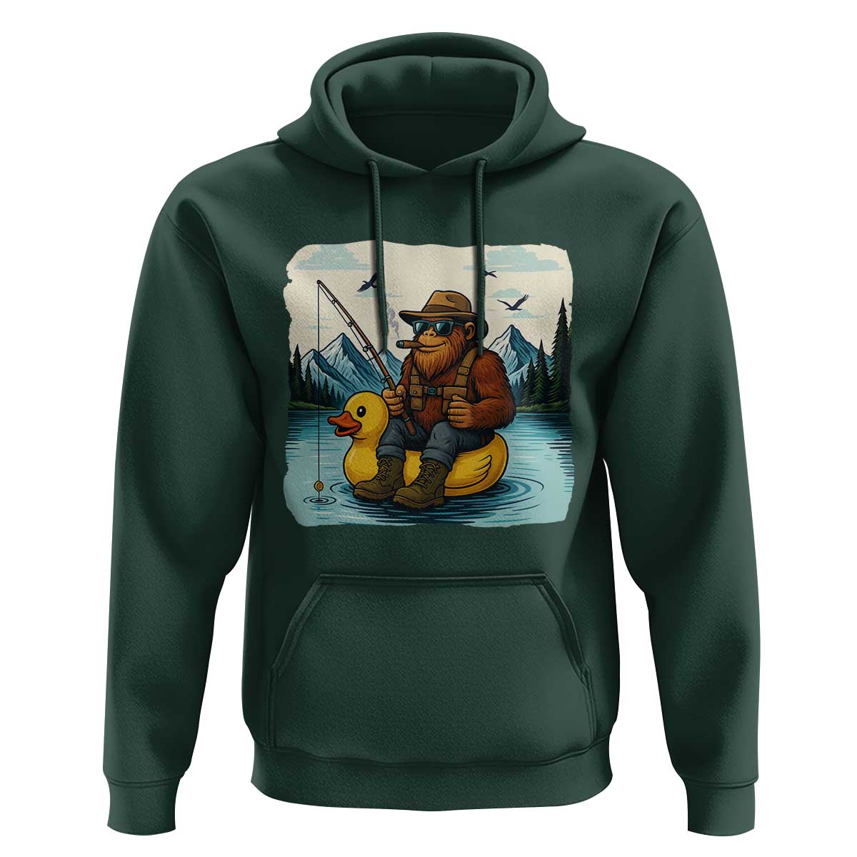 Funny Bigfoot Fishing Hoodie Sasquatch Sitting Rubber Duckie Cruise - Wonder Print Shop
