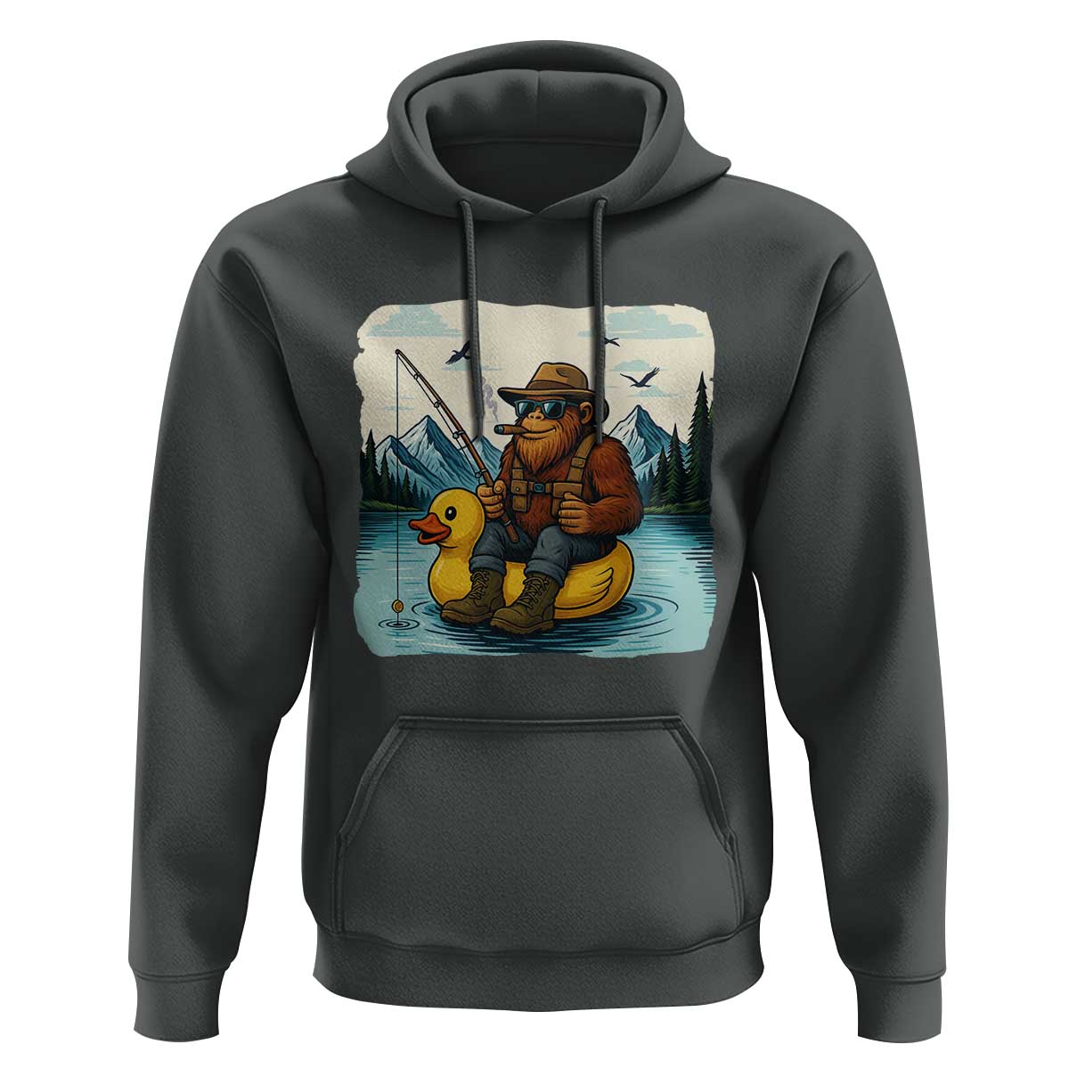 Funny Bigfoot Fishing Hoodie Sasquatch Sitting Rubber Duckie Cruise - Wonder Print Shop