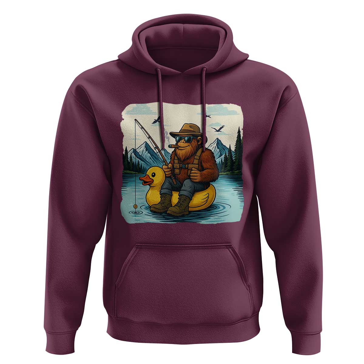 Funny Bigfoot Fishing Hoodie Sasquatch Sitting Rubber Duckie Cruise - Wonder Print Shop