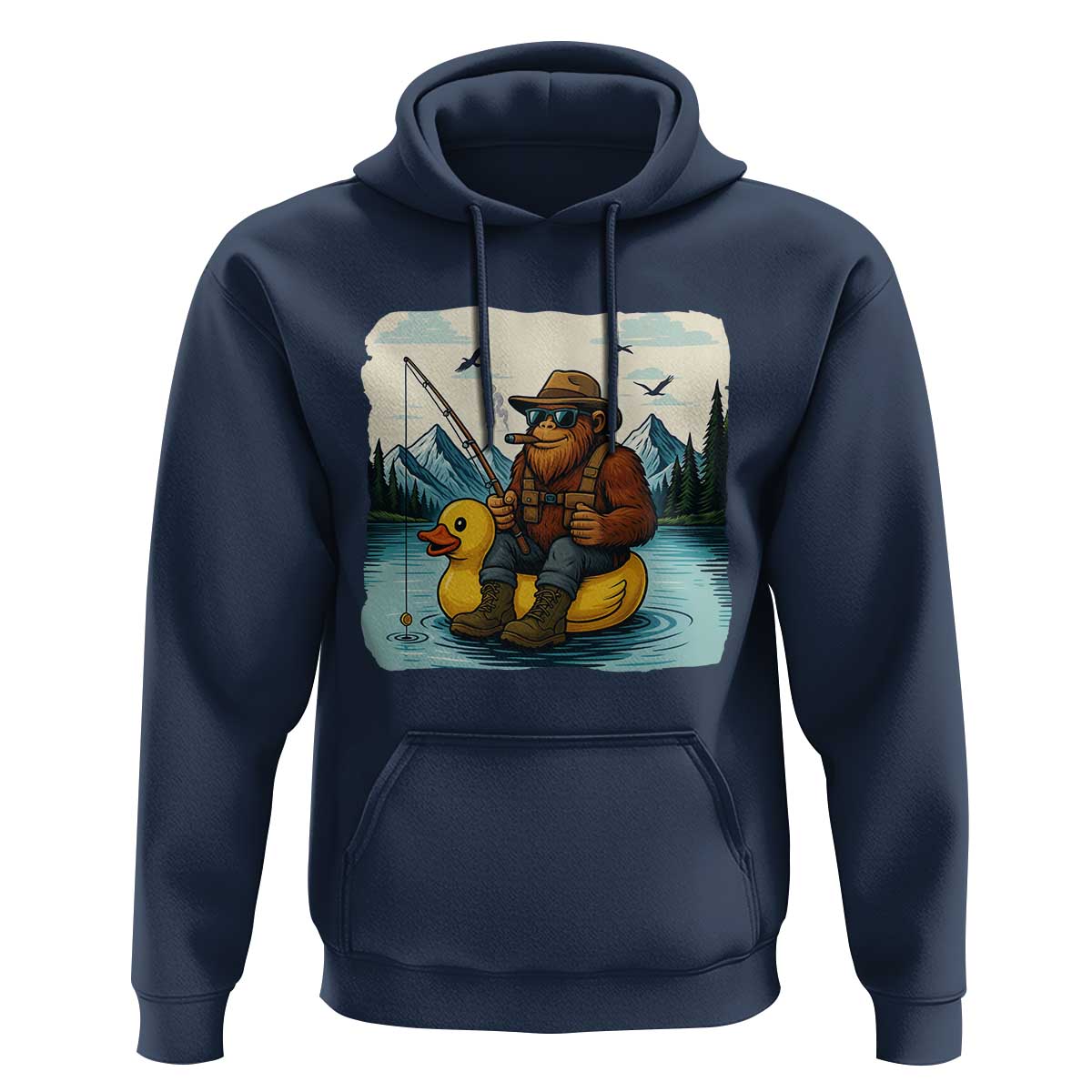 Funny Bigfoot Fishing Hoodie Sasquatch Sitting Rubber Duckie Cruise - Wonder Print Shop