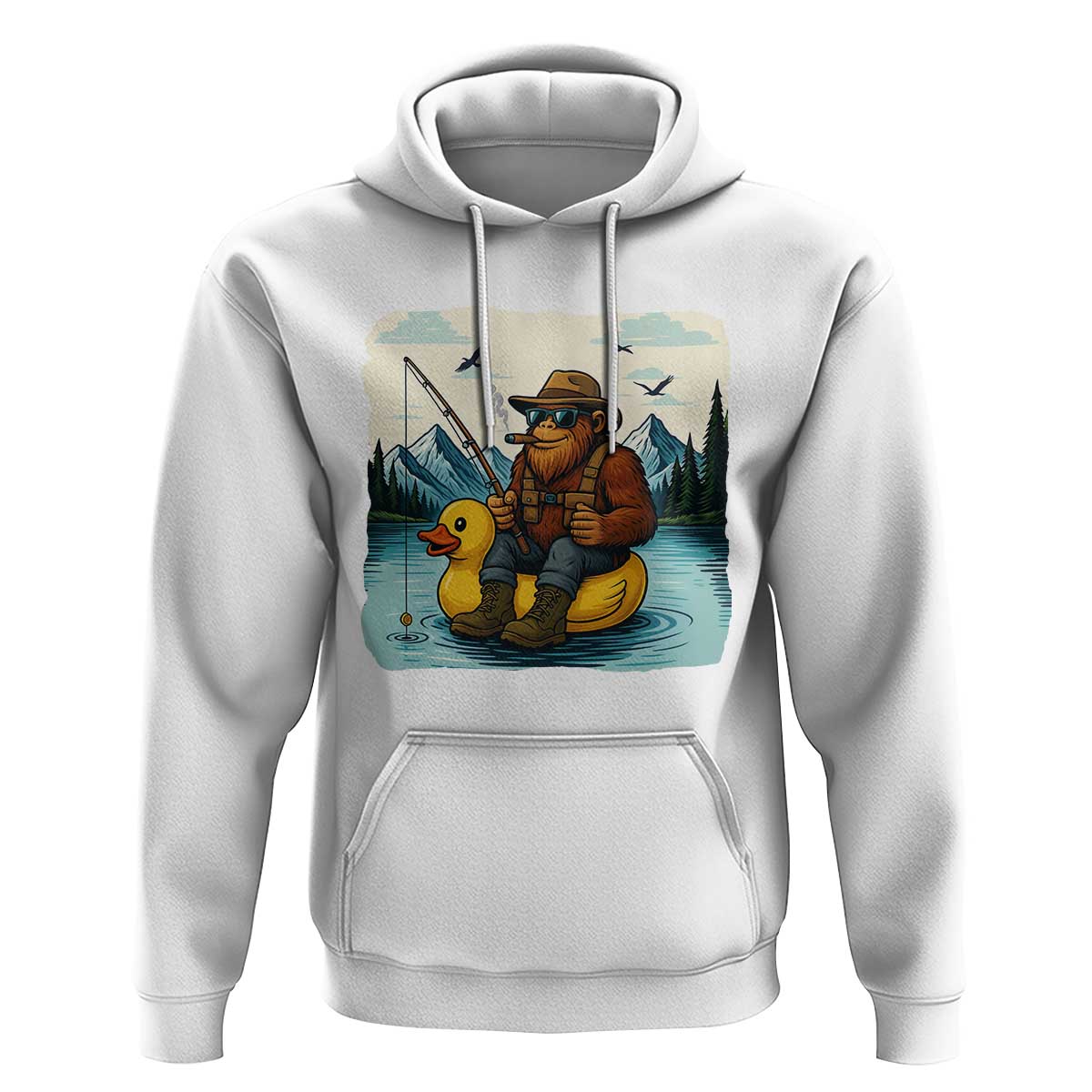 Funny Bigfoot Fishing Hoodie Sasquatch Sitting Rubber Duckie Cruise - Wonder Print Shop