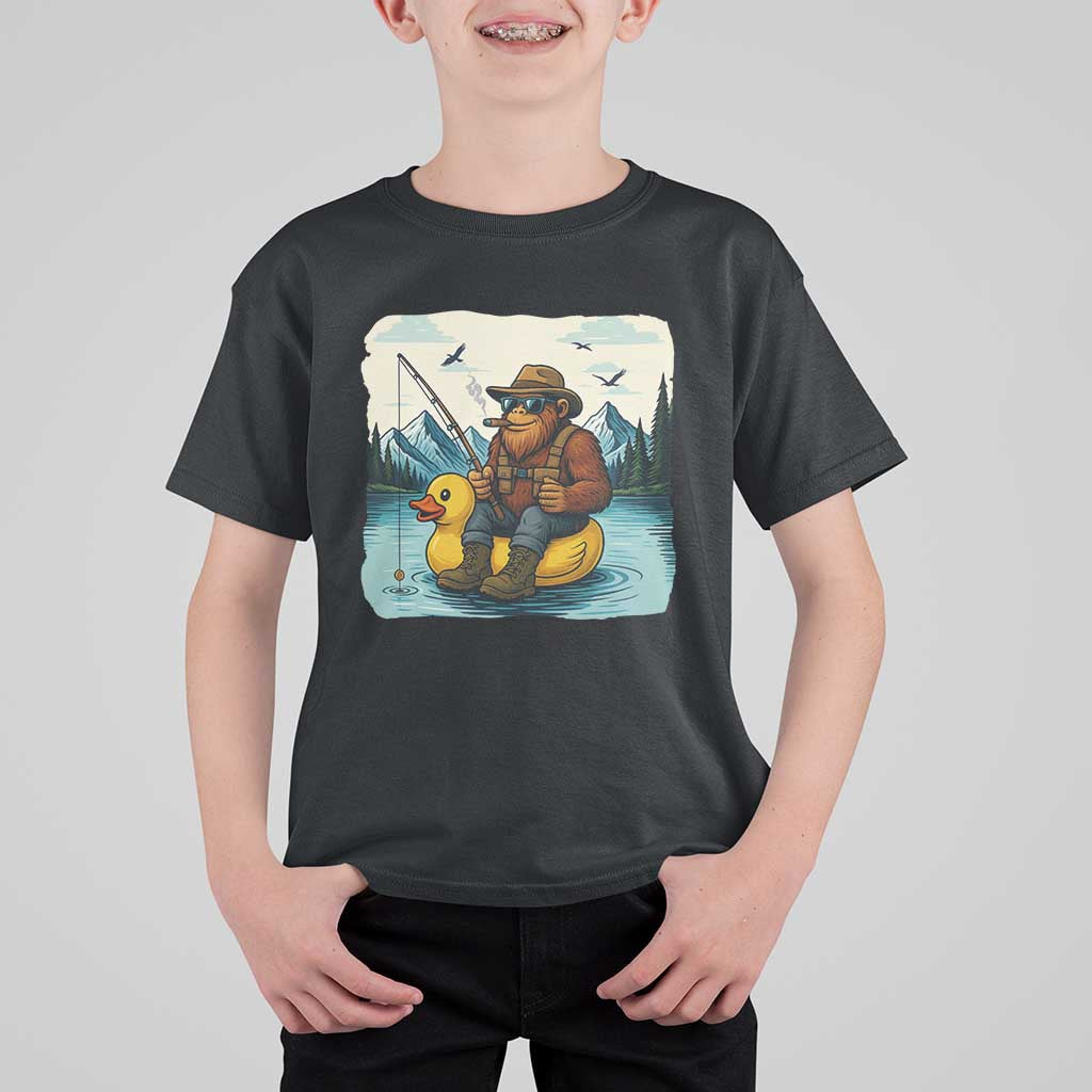Funny Bigfoot Fishing T Shirt For Kid Sasquatch Sitting Rubber Duckie Cruise - Wonder Print Shop