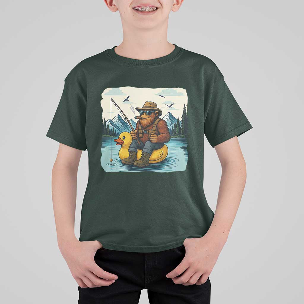 Funny Bigfoot Fishing T Shirt For Kid Sasquatch Sitting Rubber Duckie Cruise - Wonder Print Shop