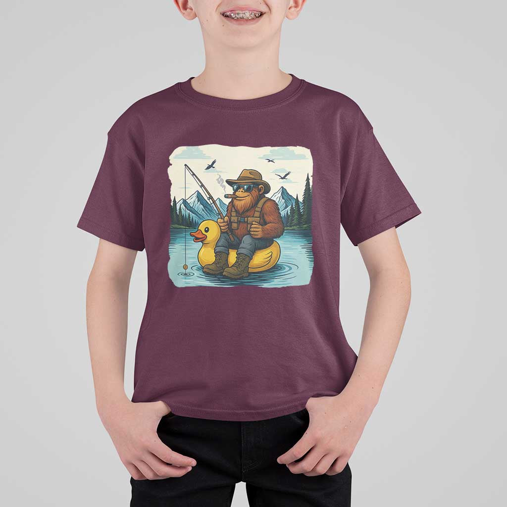 Funny Bigfoot Fishing T Shirt For Kid Sasquatch Sitting Rubber Duckie Cruise - Wonder Print Shop