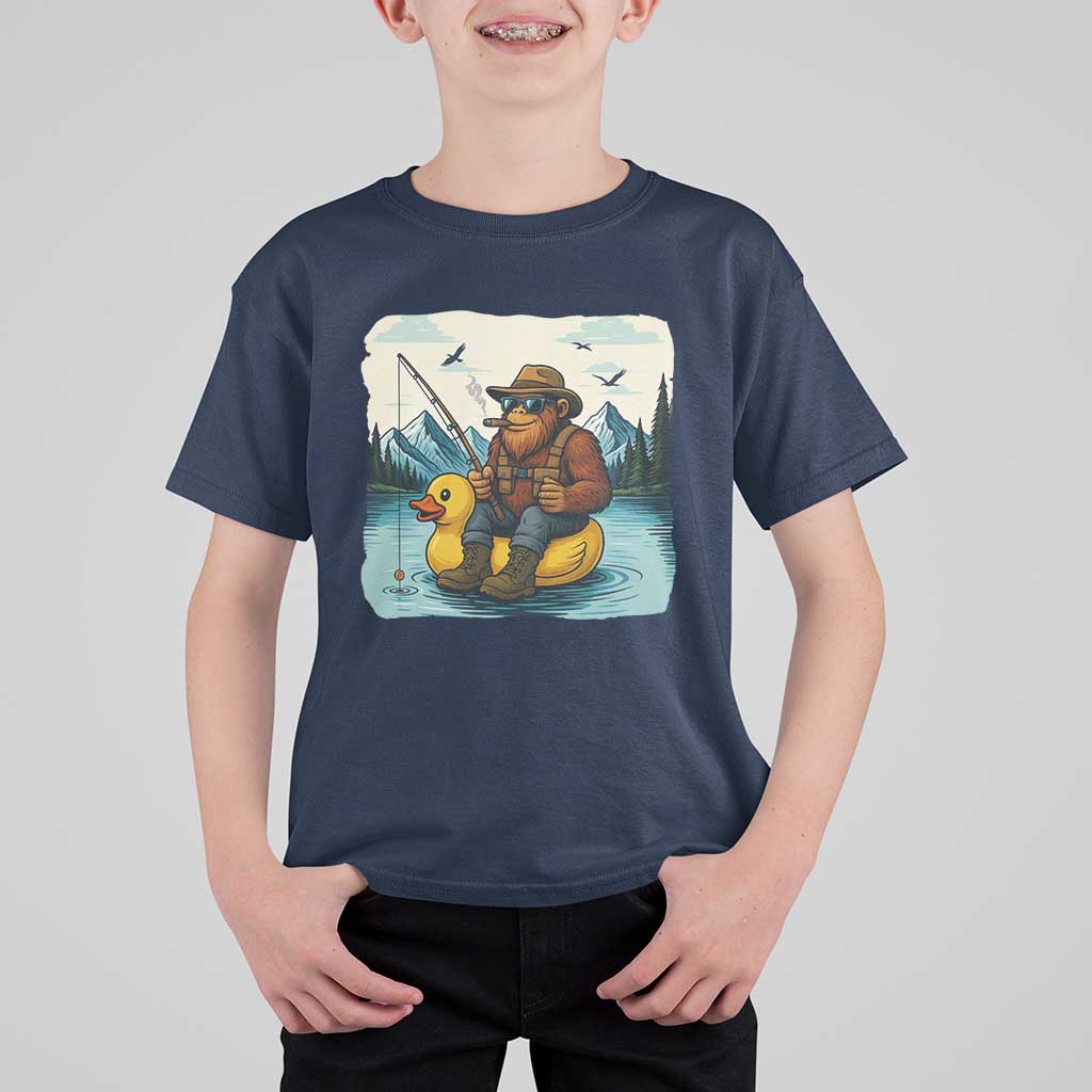 Funny Bigfoot Fishing T Shirt For Kid Sasquatch Sitting Rubber Duckie Cruise - Wonder Print Shop