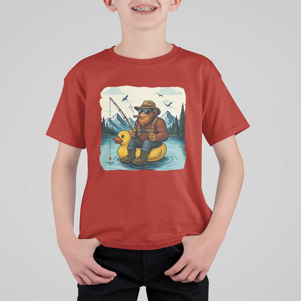 Funny Bigfoot Fishing T Shirt For Kid Sasquatch Sitting Rubber Duckie Cruise - Wonder Print Shop