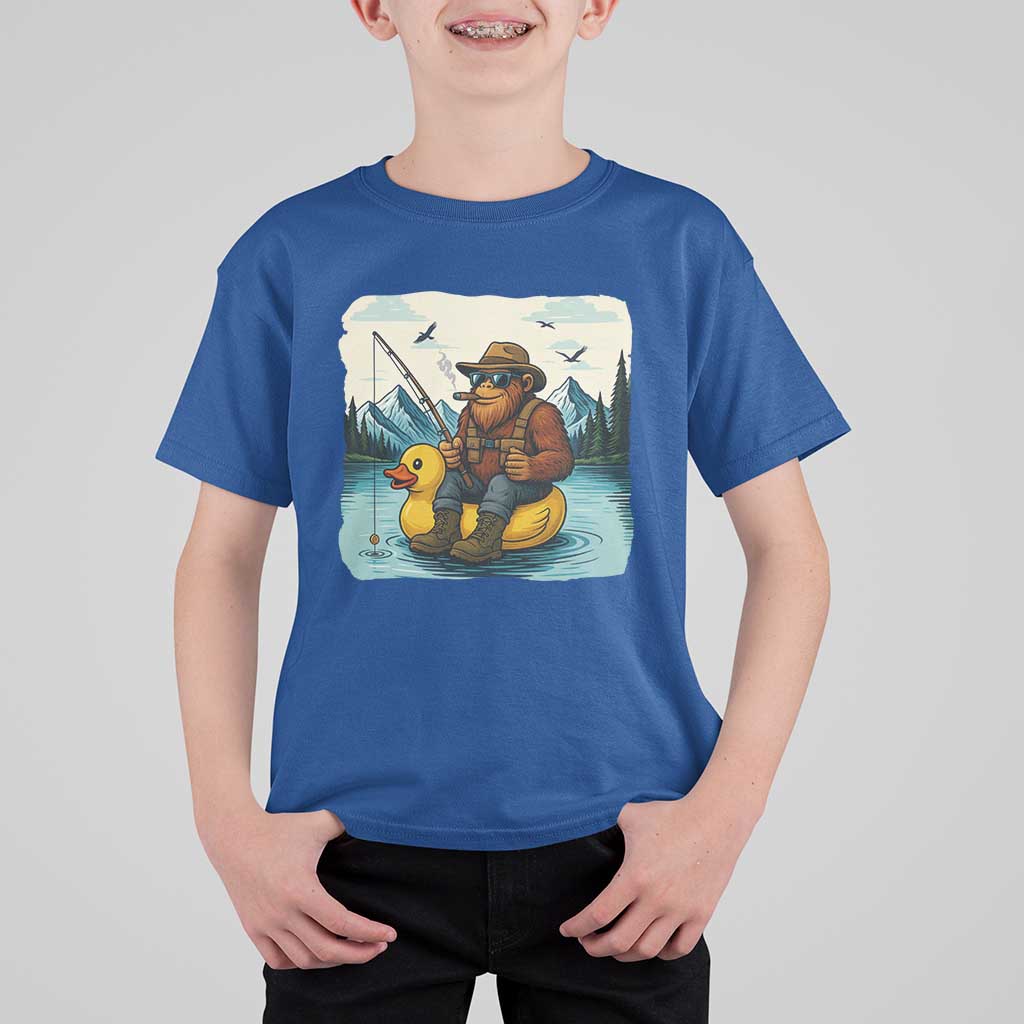 Funny Bigfoot Fishing T Shirt For Kid Sasquatch Sitting Rubber Duckie Cruise - Wonder Print Shop