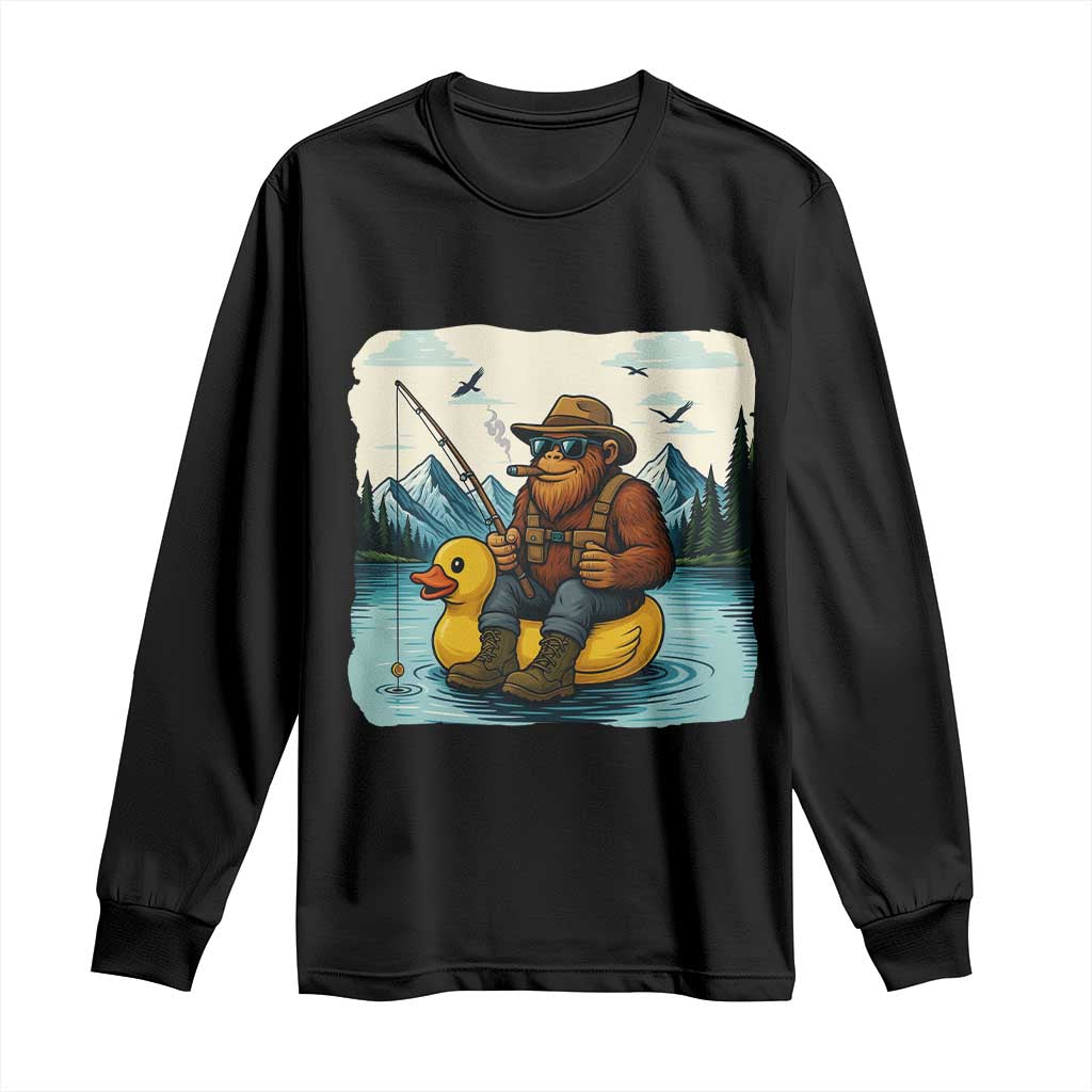 Funny Bigfoot Fishing Long Sleeve Shirt Sasquatch Sitting Rubber Duckie Cruise - Wonder Print Shop