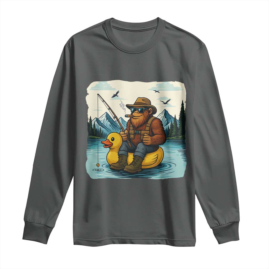 Funny Bigfoot Fishing Long Sleeve Shirt Sasquatch Sitting Rubber Duckie Cruise - Wonder Print Shop