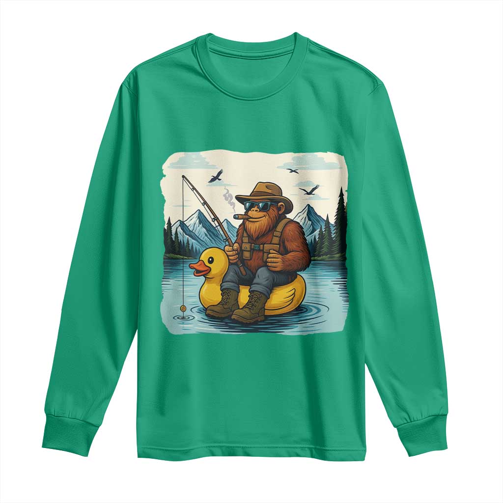 Funny Bigfoot Fishing Long Sleeve Shirt Sasquatch Sitting Rubber Duckie Cruise - Wonder Print Shop