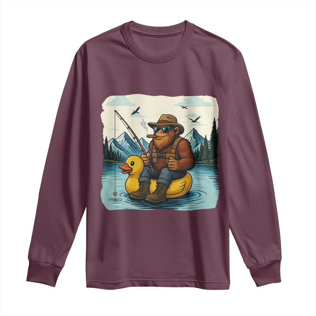 Funny Bigfoot Fishing Long Sleeve Shirt Sasquatch Sitting Rubber Duckie Cruise - Wonder Print Shop