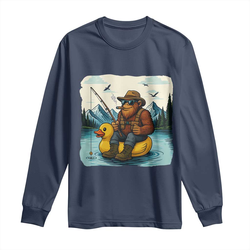 Funny Bigfoot Fishing Long Sleeve Shirt Sasquatch Sitting Rubber Duckie Cruise - Wonder Print Shop