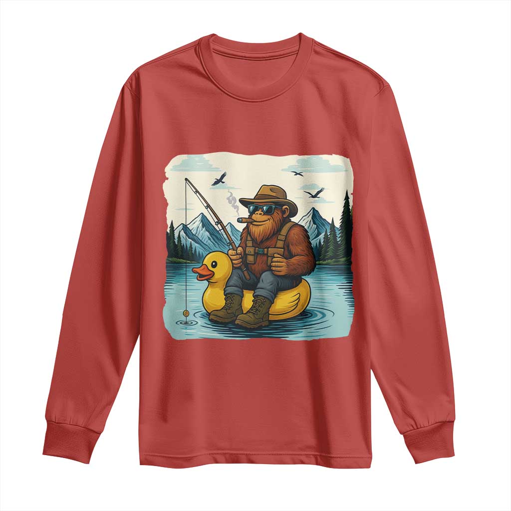 Funny Bigfoot Fishing Long Sleeve Shirt Sasquatch Sitting Rubber Duckie Cruise - Wonder Print Shop