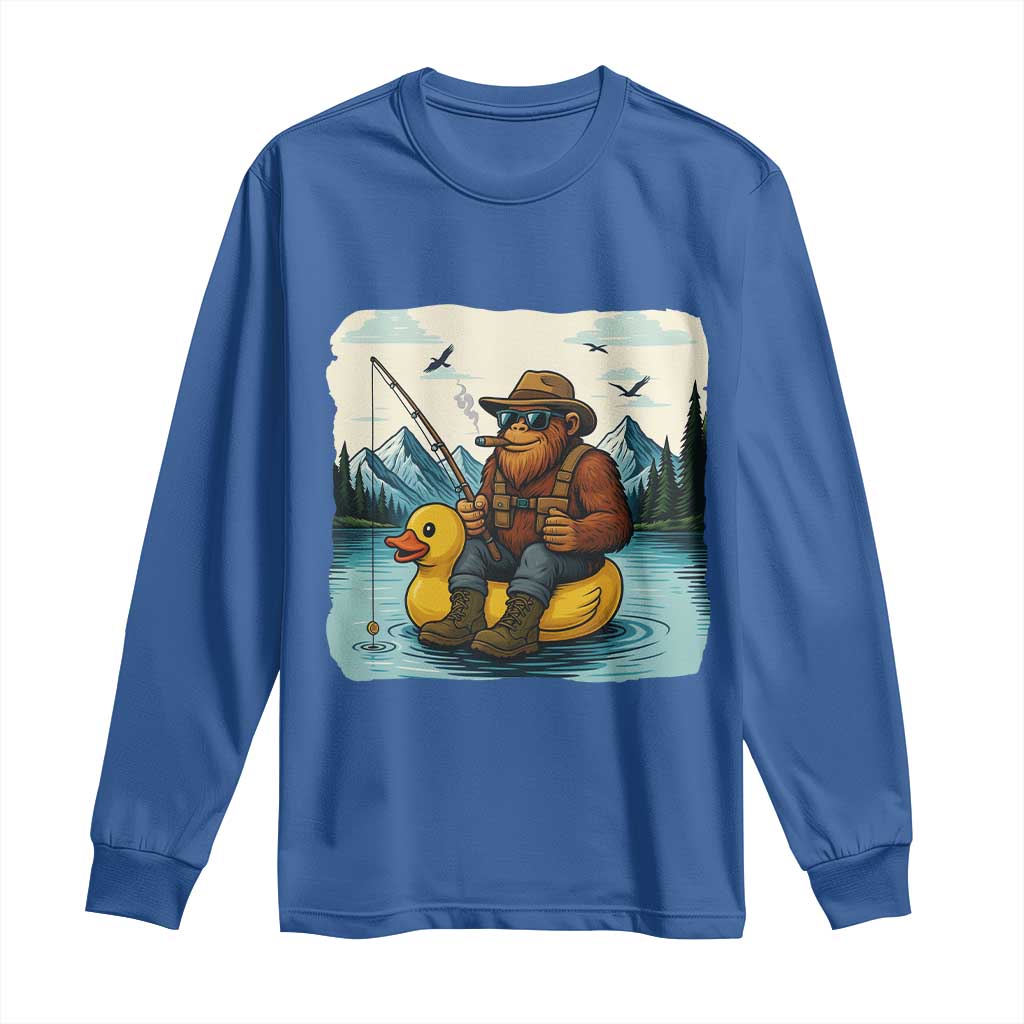 Funny Bigfoot Fishing Long Sleeve Shirt Sasquatch Sitting Rubber Duckie Cruise - Wonder Print Shop