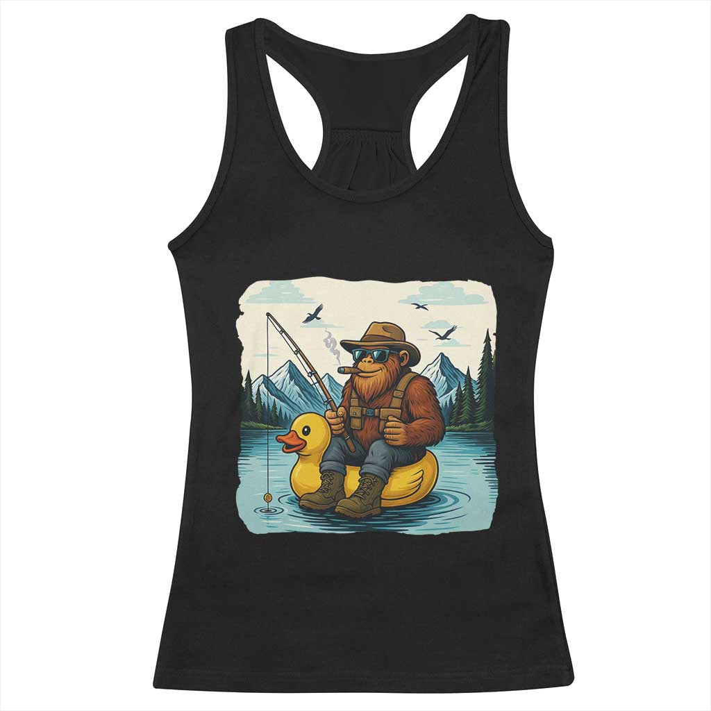 Funny Bigfoot Fishing Racerback Tank Top Sasquatch Sitting Rubber Duckie Cruise - Wonder Print Shop