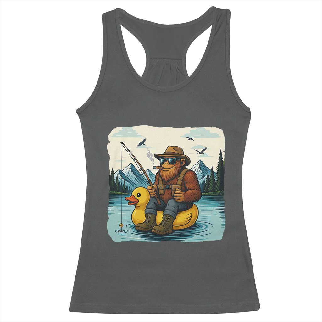 Funny Bigfoot Fishing Racerback Tank Top Sasquatch Sitting Rubber Duckie Cruise - Wonder Print Shop
