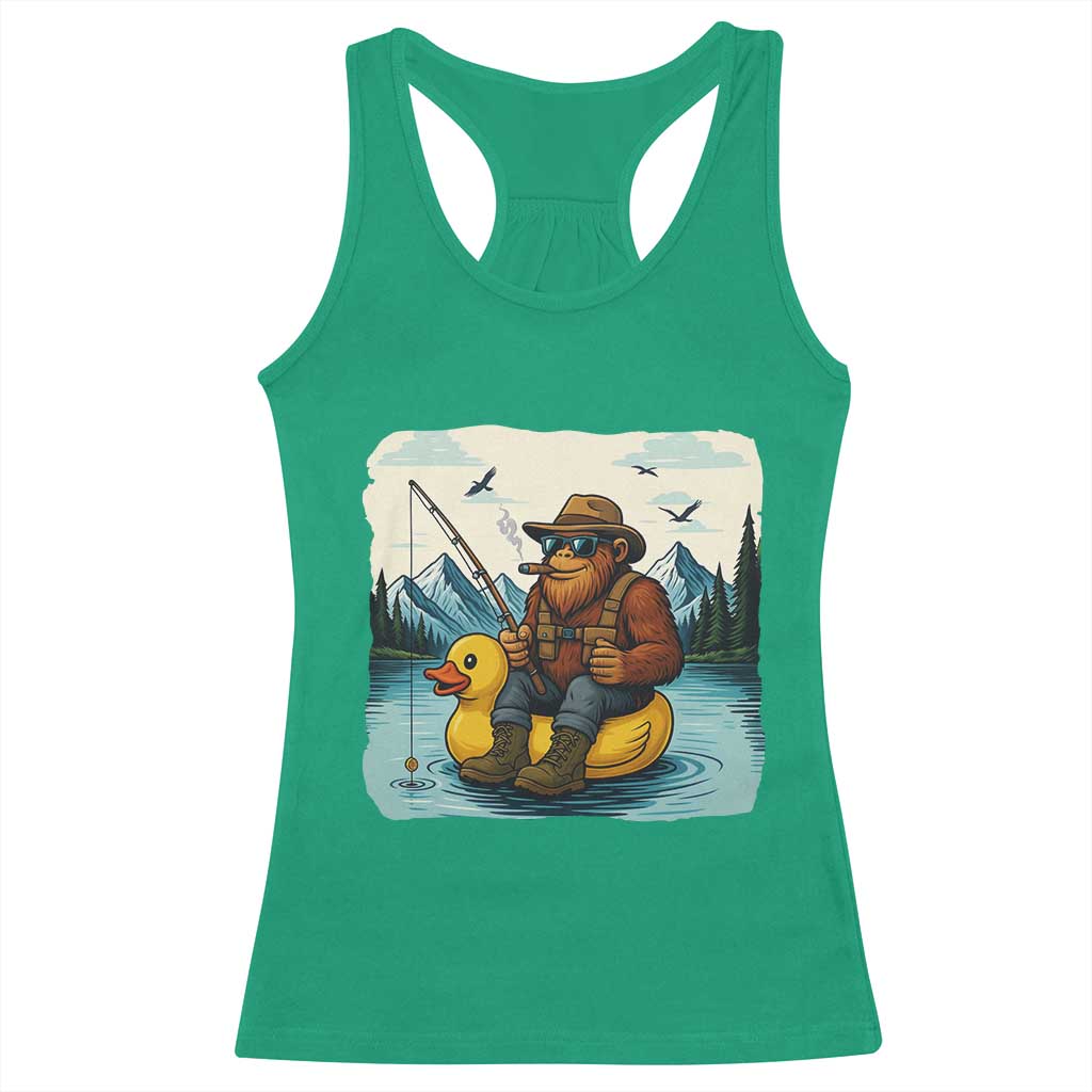 Funny Bigfoot Fishing Racerback Tank Top Sasquatch Sitting Rubber Duckie Cruise - Wonder Print Shop