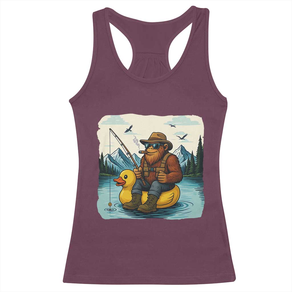 Funny Bigfoot Fishing Racerback Tank Top Sasquatch Sitting Rubber Duckie Cruise - Wonder Print Shop
