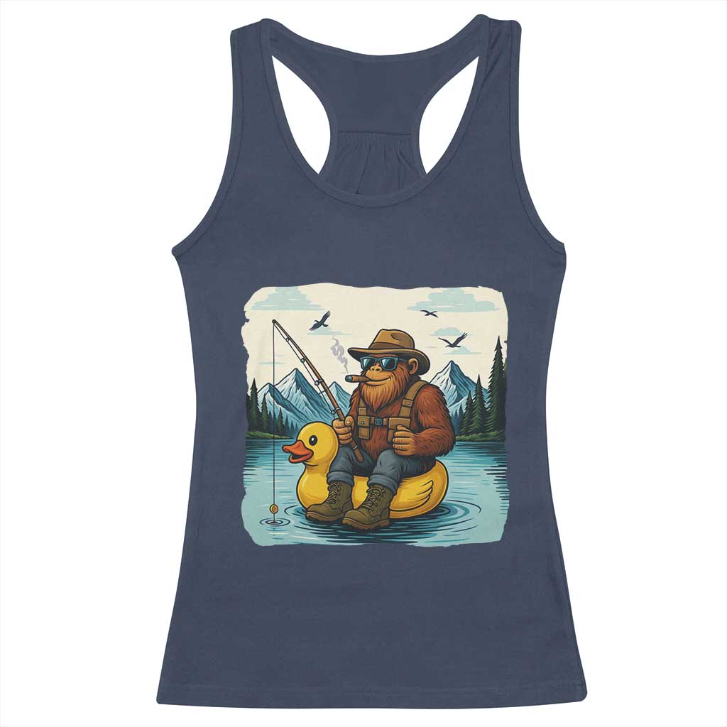 Funny Bigfoot Fishing Racerback Tank Top Sasquatch Sitting Rubber Duckie Cruise - Wonder Print Shop