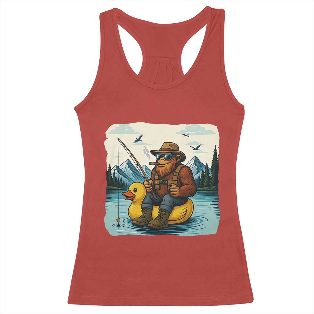 Funny Bigfoot Fishing Racerback Tank Top Sasquatch Sitting Rubber Duckie Cruise - Wonder Print Shop