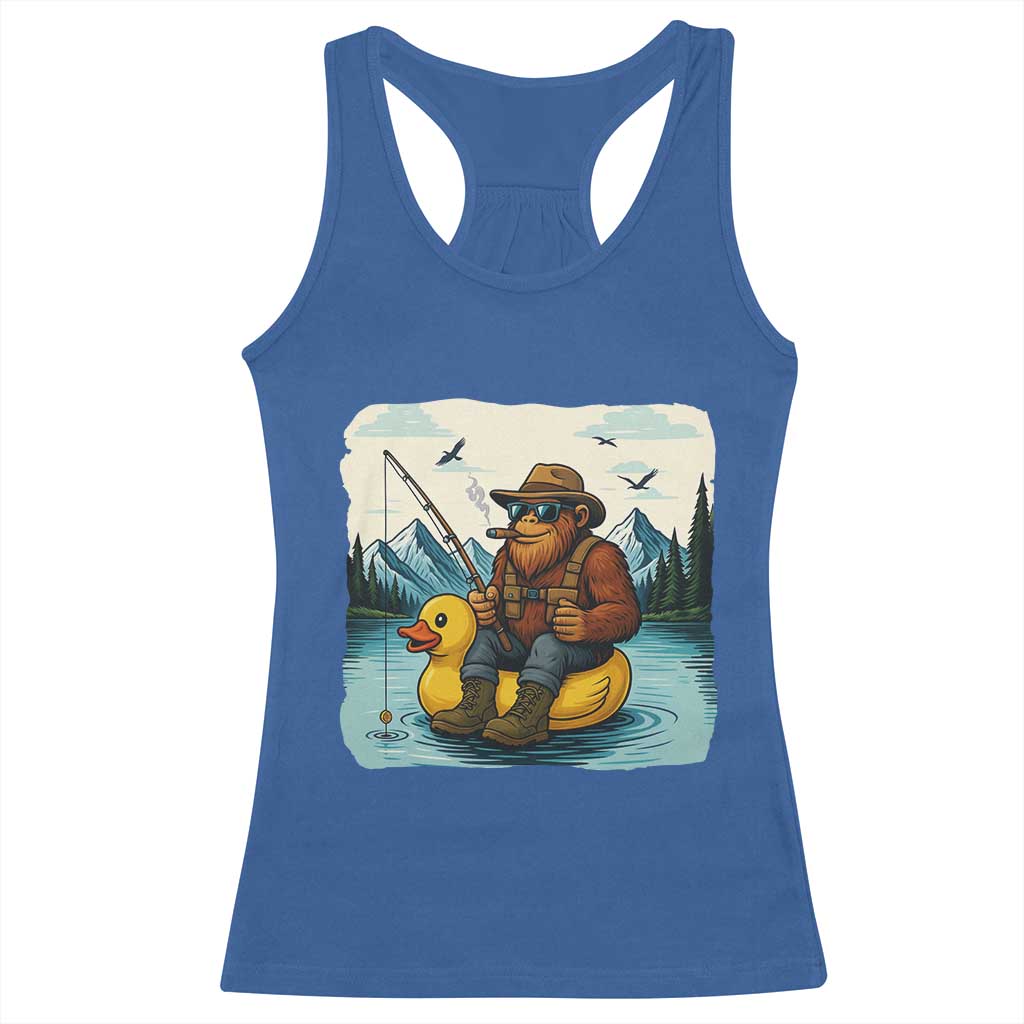 Funny Bigfoot Fishing Racerback Tank Top Sasquatch Sitting Rubber Duckie Cruise - Wonder Print Shop