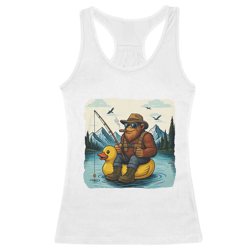 Funny Bigfoot Fishing Racerback Tank Top Sasquatch Sitting Rubber Duckie Cruise - Wonder Print Shop