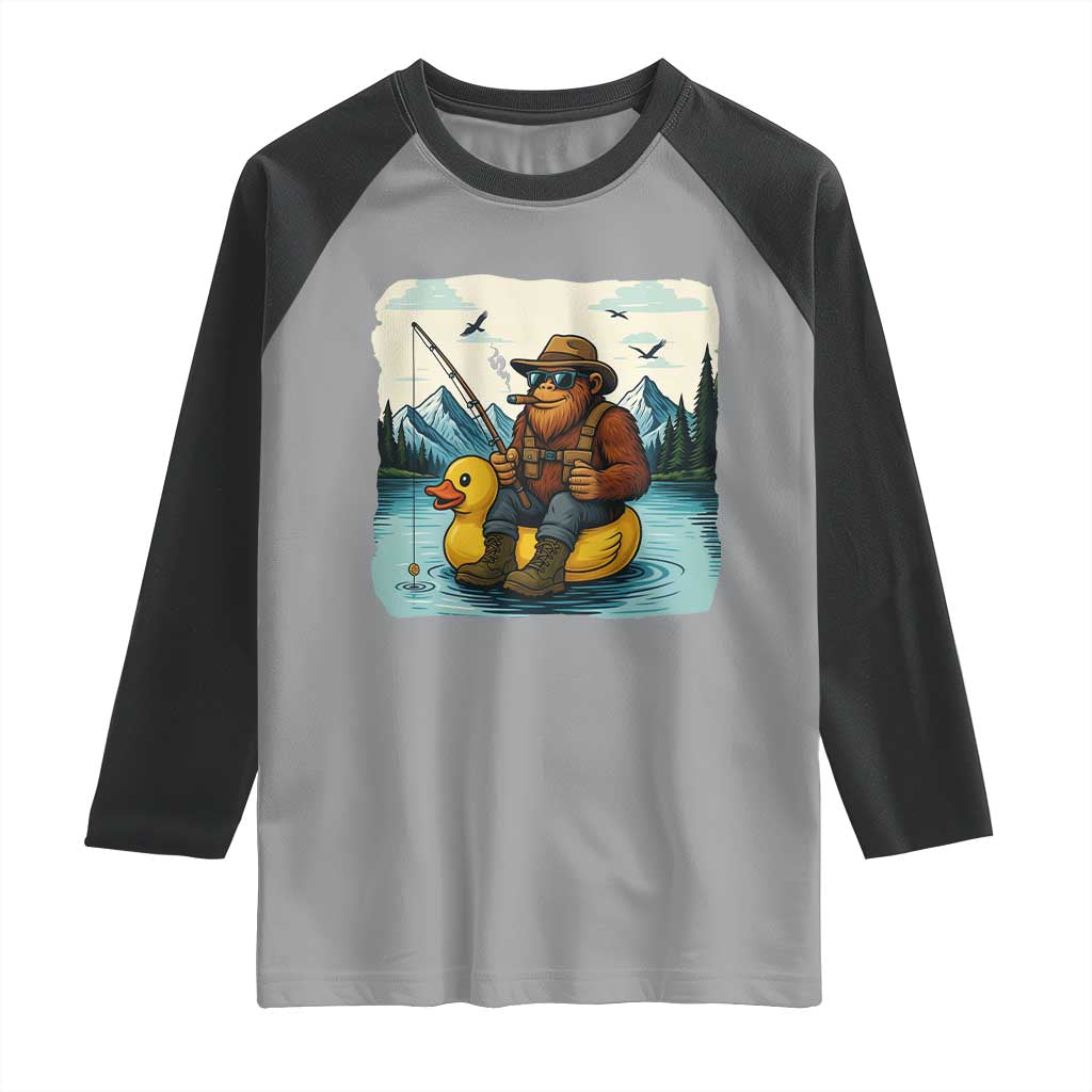 Funny Bigfoot Fishing Raglan Shirt Sasquatch Sitting Rubber Duckie Cruise - Wonder Print Shop