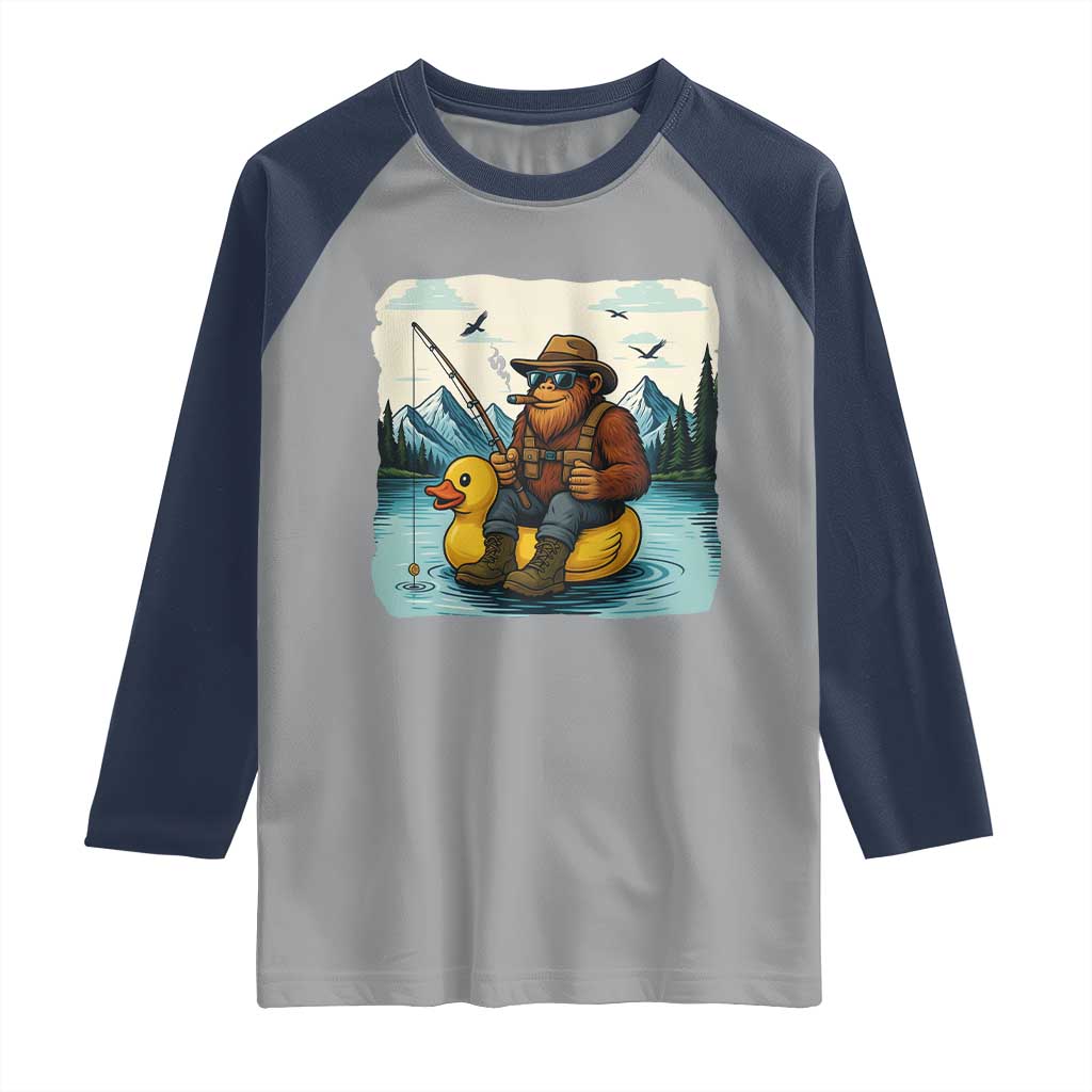 Funny Bigfoot Fishing Raglan Shirt Sasquatch Sitting Rubber Duckie Cruise - Wonder Print Shop