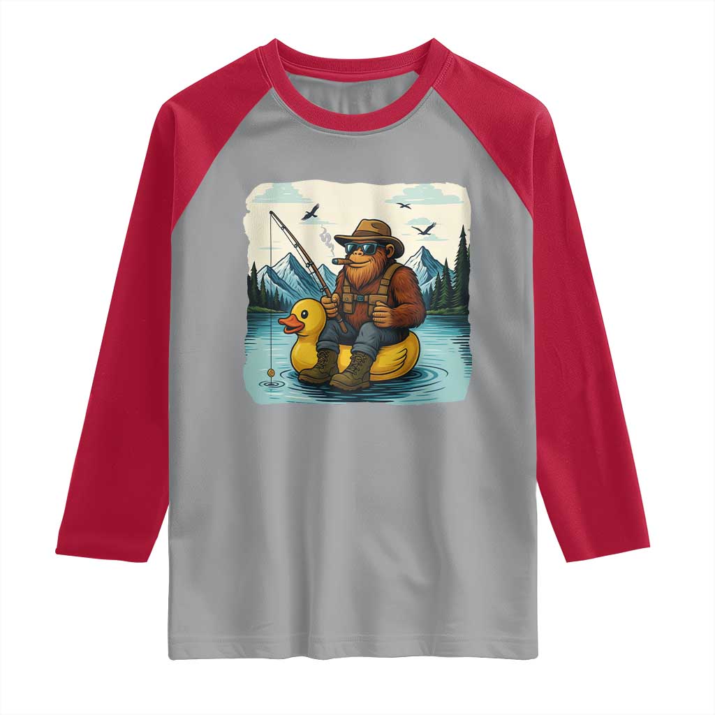 Funny Bigfoot Fishing Raglan Shirt Sasquatch Sitting Rubber Duckie Cruise - Wonder Print Shop