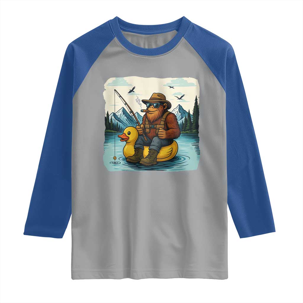 Funny Bigfoot Fishing Raglan Shirt Sasquatch Sitting Rubber Duckie Cruise - Wonder Print Shop