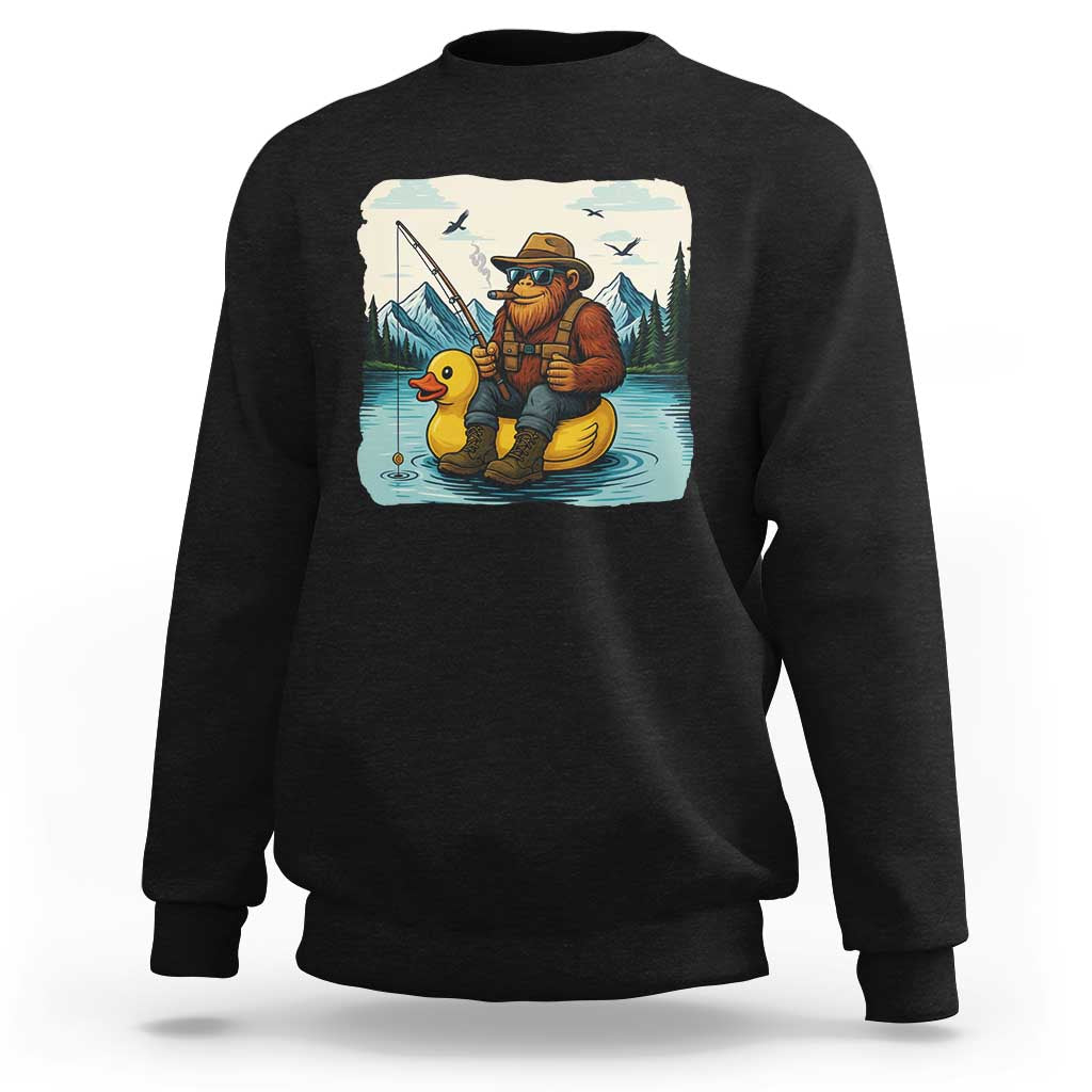 Funny Bigfoot Fishing Sweatshirt Sasquatch Sitting Rubber Duckie Cruise - Wonder Print Shop