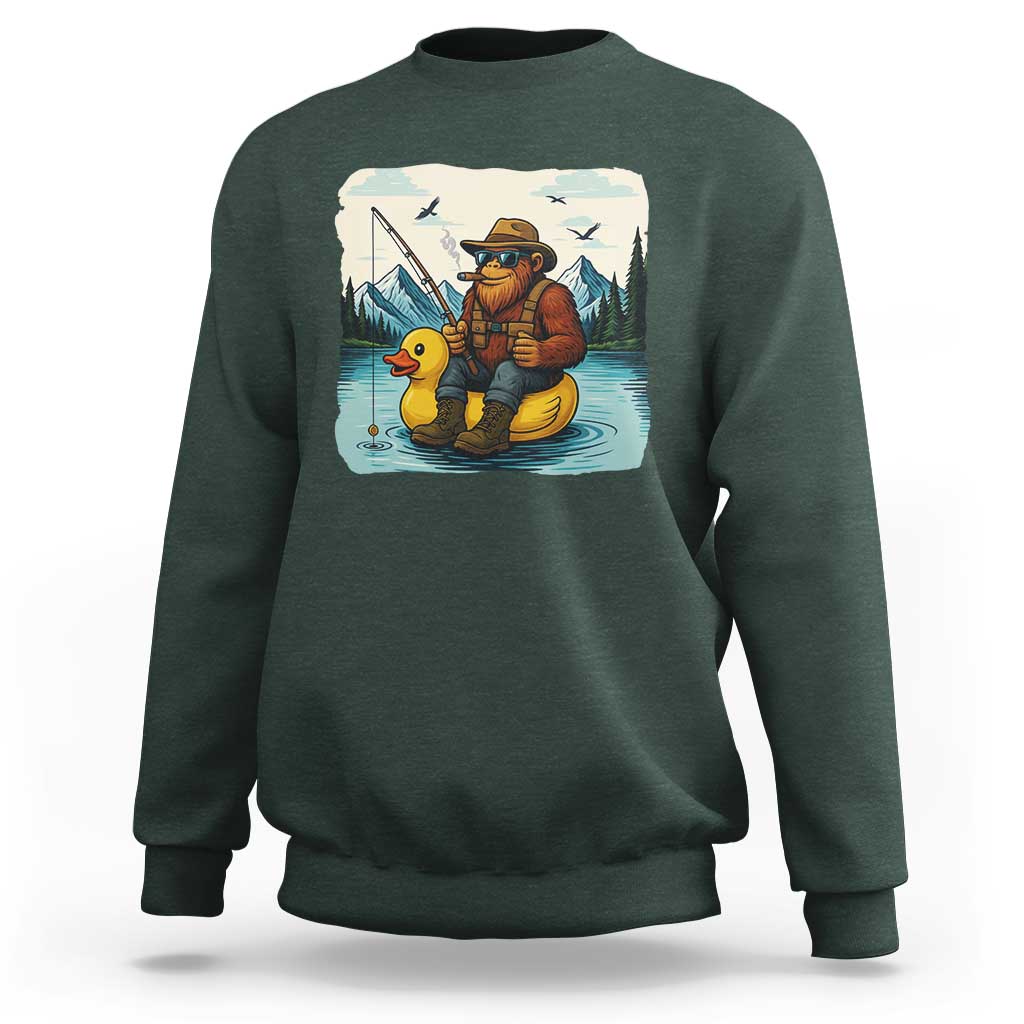 Funny Bigfoot Fishing Sweatshirt Sasquatch Sitting Rubber Duckie Cruise - Wonder Print Shop