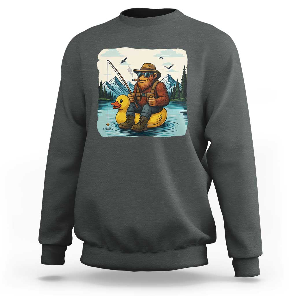 Funny Bigfoot Fishing Sweatshirt Sasquatch Sitting Rubber Duckie Cruise - Wonder Print Shop