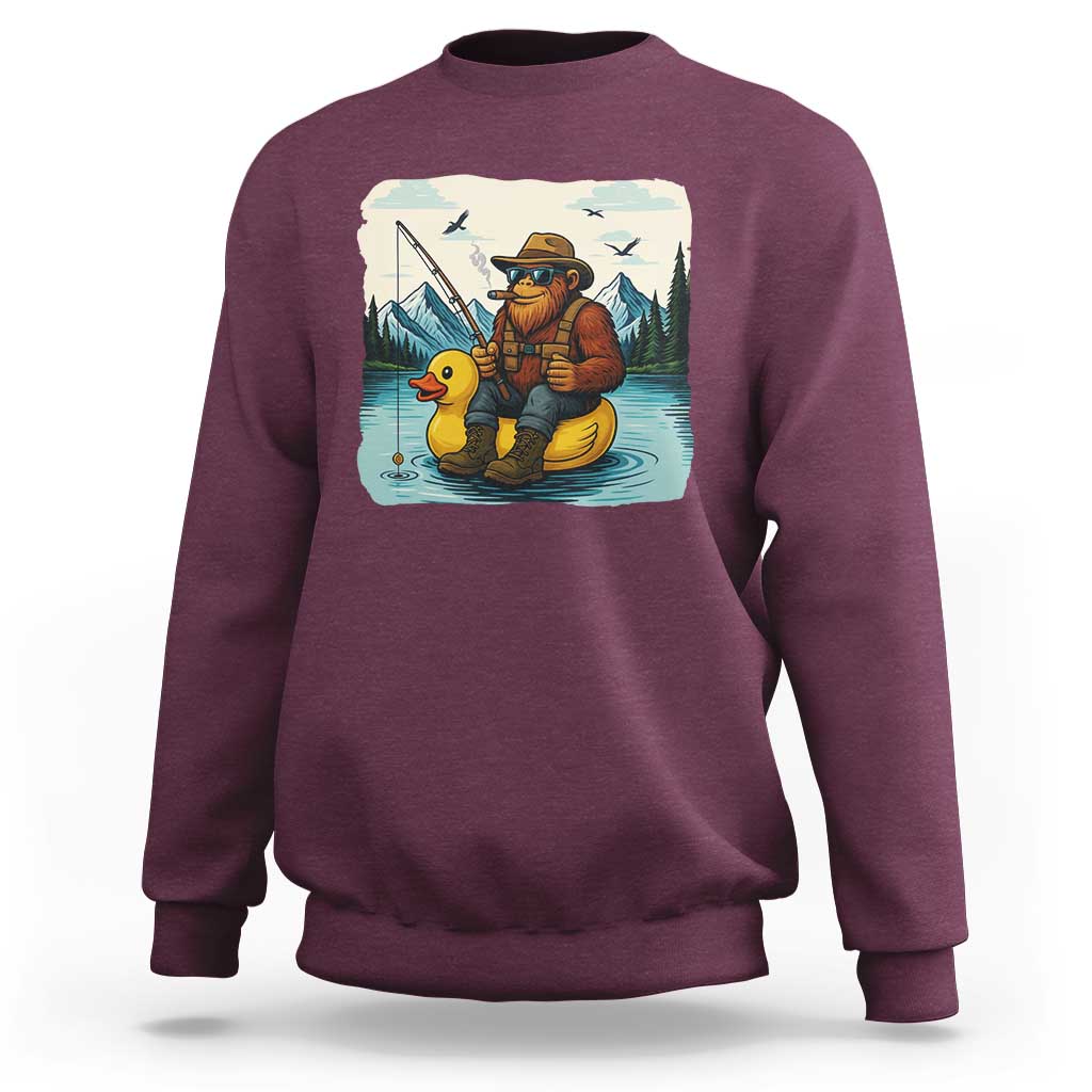 Funny Bigfoot Fishing Sweatshirt Sasquatch Sitting Rubber Duckie Cruise - Wonder Print Shop