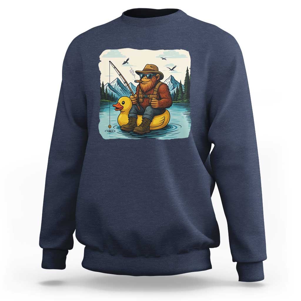 Funny Bigfoot Fishing Sweatshirt Sasquatch Sitting Rubber Duckie Cruise - Wonder Print Shop