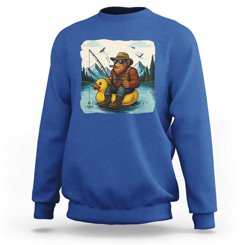 Funny Bigfoot Fishing Sweatshirt Sasquatch Sitting Rubber Duckie Cruise - Wonder Print Shop