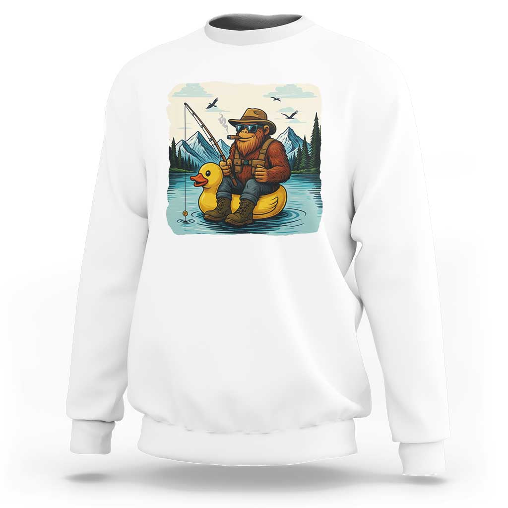 Funny Bigfoot Fishing Sweatshirt Sasquatch Sitting Rubber Duckie Cruise - Wonder Print Shop