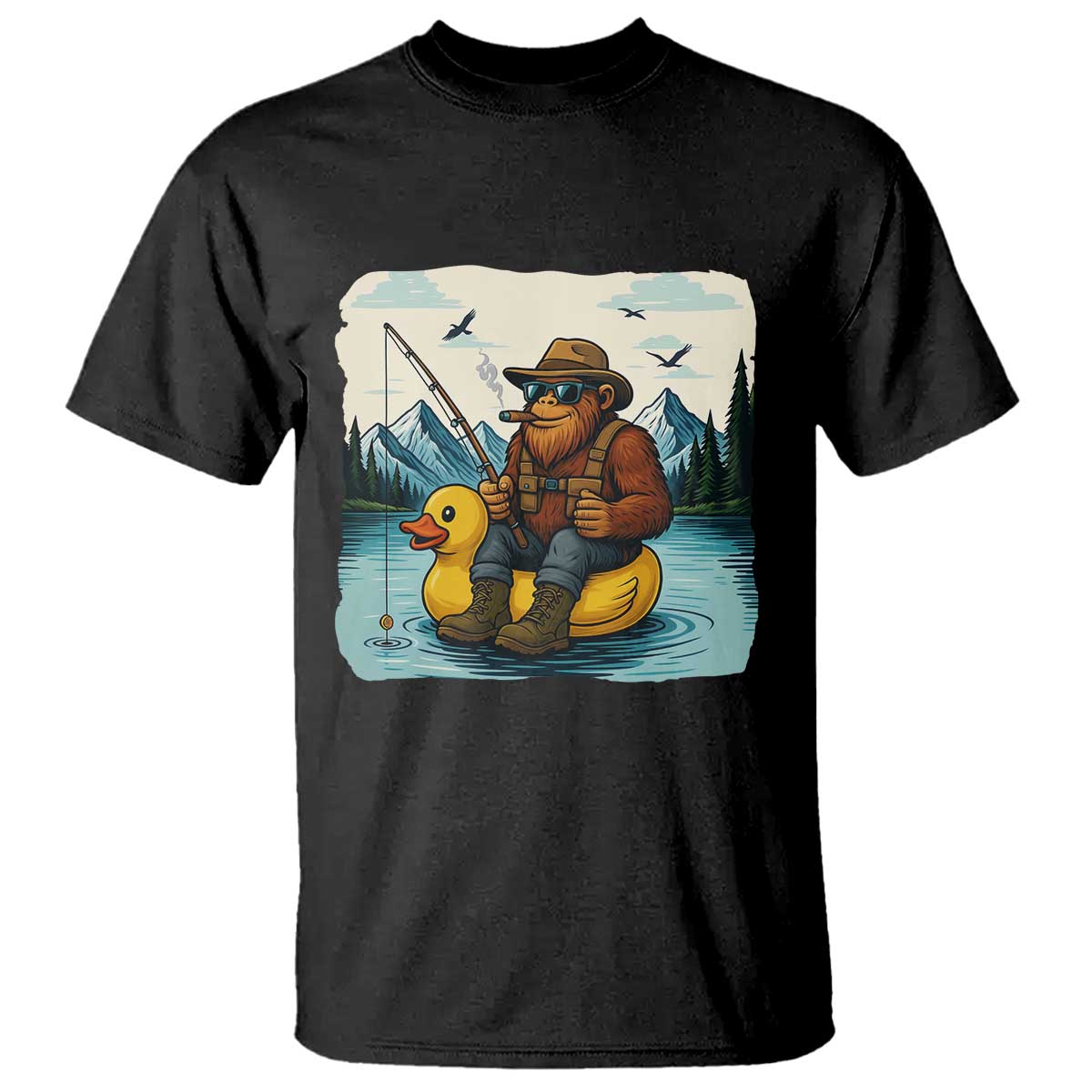 Funny Bigfoot Fishing T Shirt Sasquatch Sitting Rubber Duckie Cruise - Wonder Print Shop