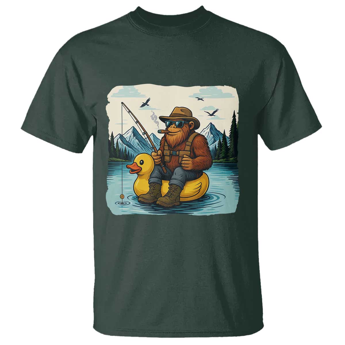 Funny Bigfoot Fishing T Shirt Sasquatch Sitting Rubber Duckie Cruise - Wonder Print Shop