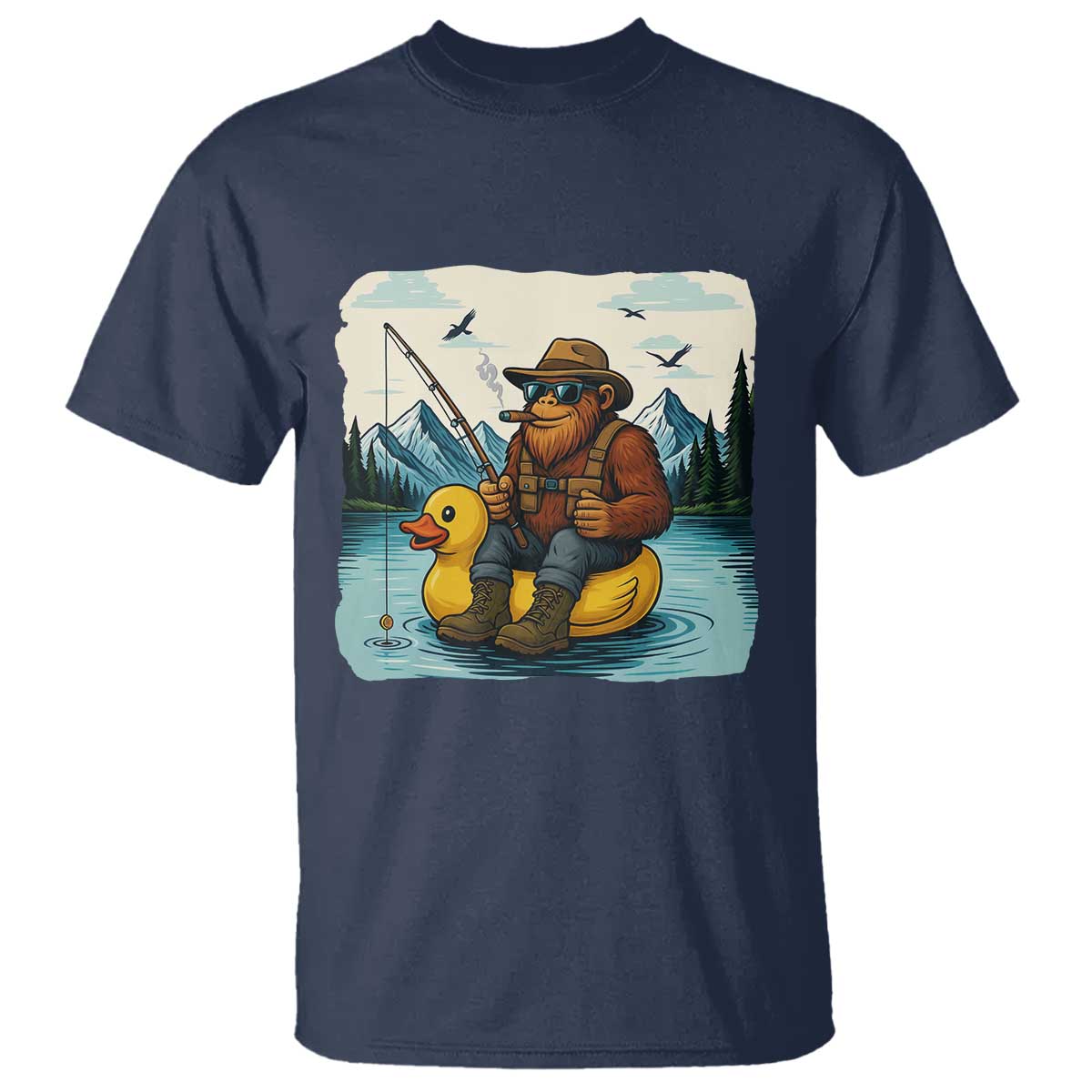 Funny Bigfoot Fishing T Shirt Sasquatch Sitting Rubber Duckie Cruise - Wonder Print Shop