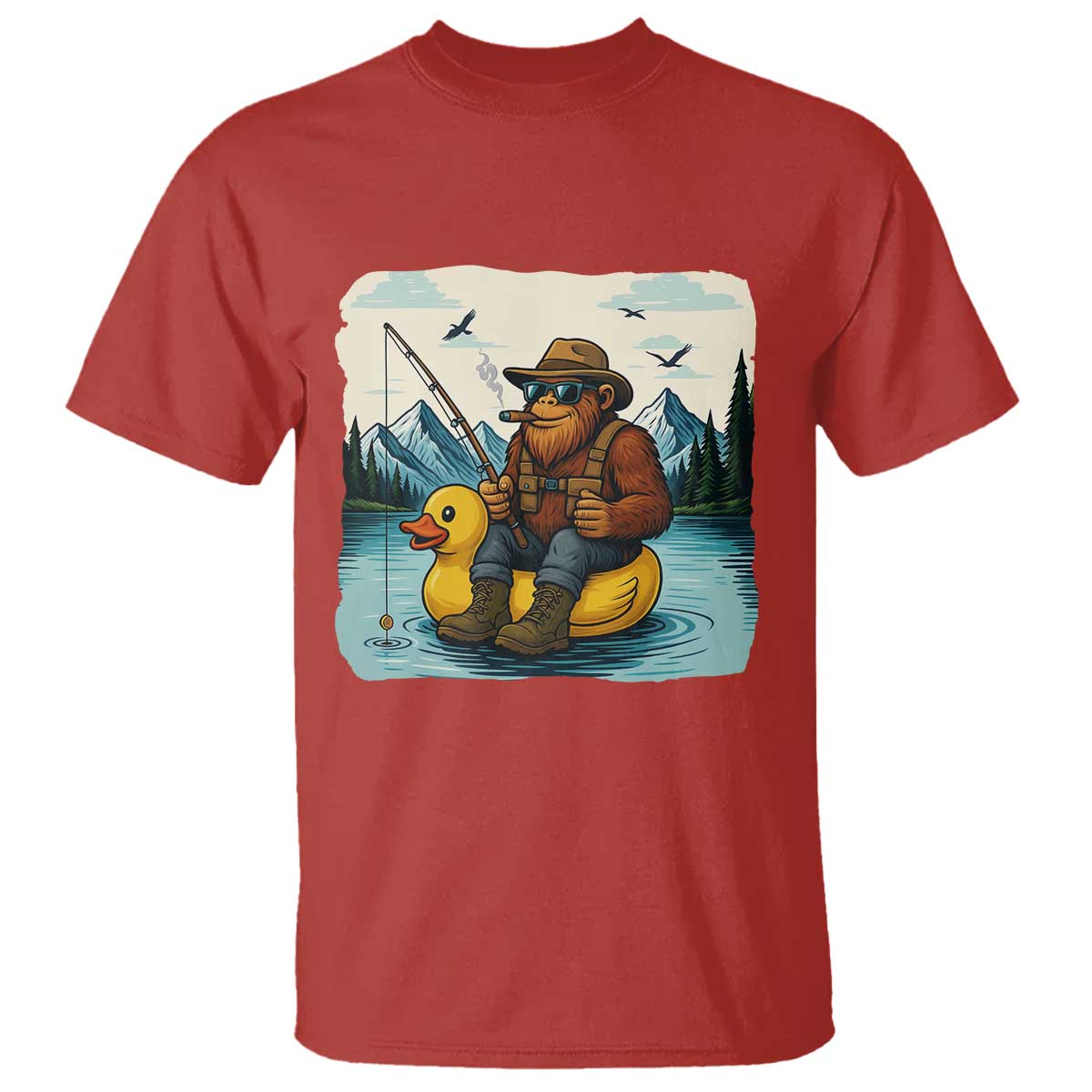 Funny Bigfoot Fishing T Shirt Sasquatch Sitting Rubber Duckie Cruise - Wonder Print Shop