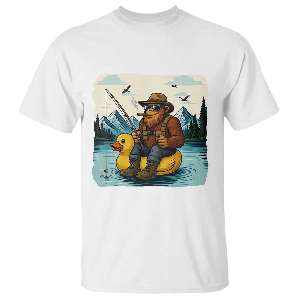 Funny Bigfoot Fishing T Shirt Sasquatch Sitting Rubber Duckie Cruise - Wonder Print Shop