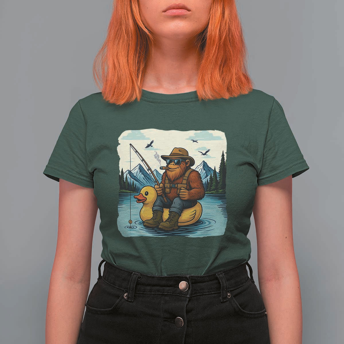 Funny Bigfoot Fishing T Shirt For Women Sasquatch Sitting Rubber Duckie Cruise - Wonder Print Shop