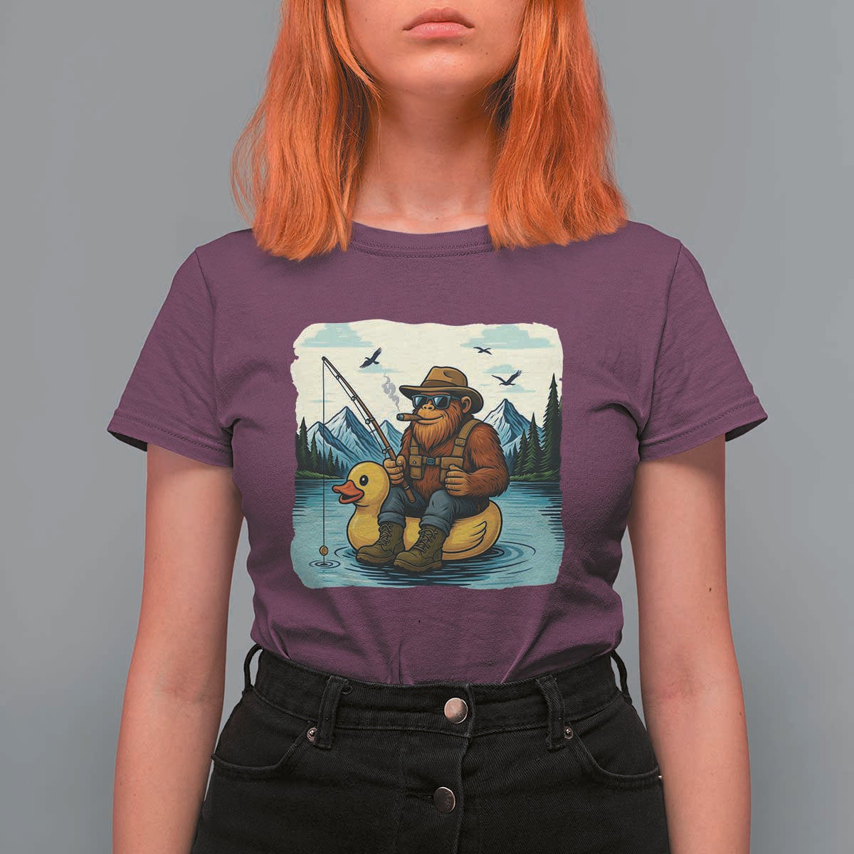 Funny Bigfoot Fishing T Shirt For Women Sasquatch Sitting Rubber Duckie Cruise - Wonder Print Shop